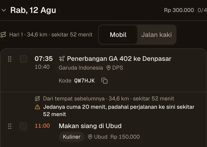 Potongan jadwal: pesawat mendarat, makan siang di Ubud tak lama sesudahnya, dan tanda kuning karena perjalanannya hampir satu jam