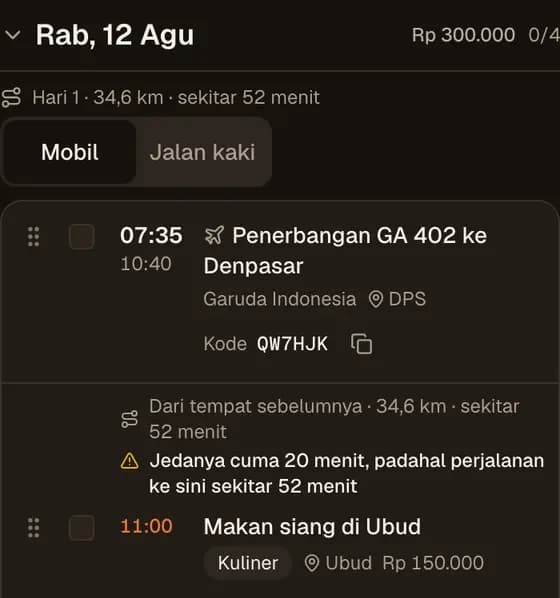 Potongan jadwal: pesawat mendarat, makan siang di Ubud tak lama sesudahnya, dan tanda kuning karena perjalanannya hampir satu jam