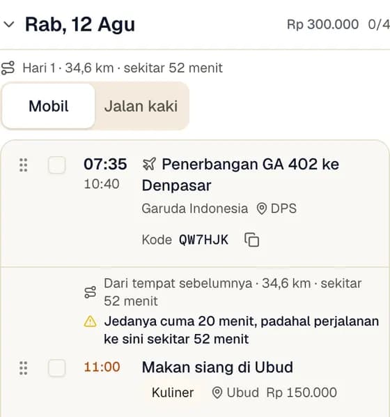 Potongan jadwal: pesawat mendarat, makan siang di Ubud tak lama sesudahnya, dan tanda kuning karena perjalanannya hampir satu jam