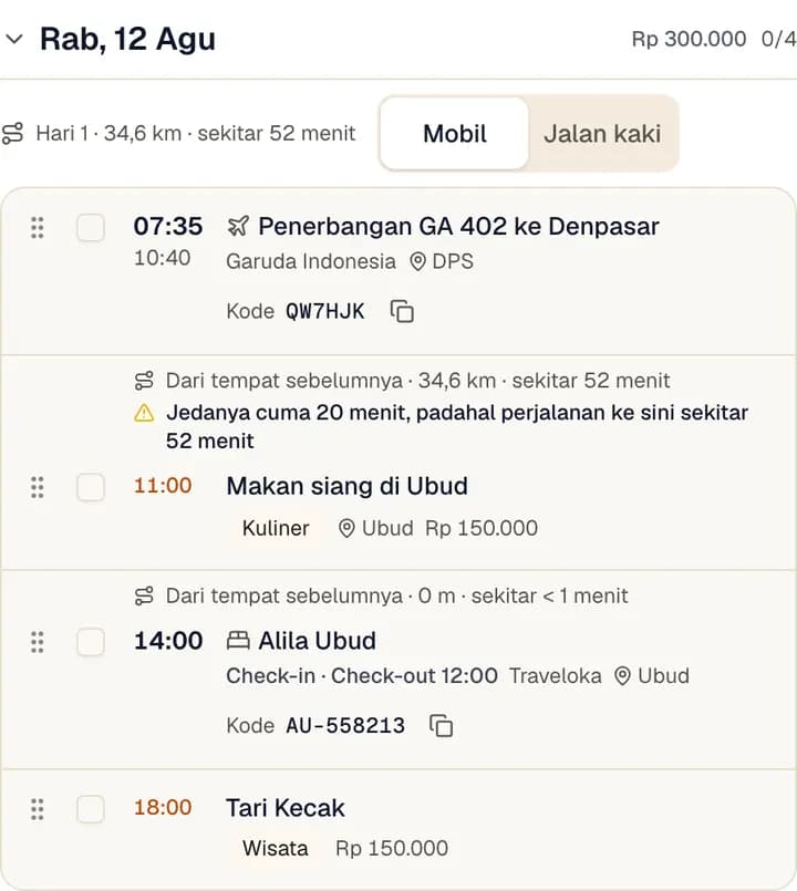 Jadwal hari pertama contoh trip ke Bali di Movin, dengan tanda kuning karena jeda sesudah mendarat terlalu pendek