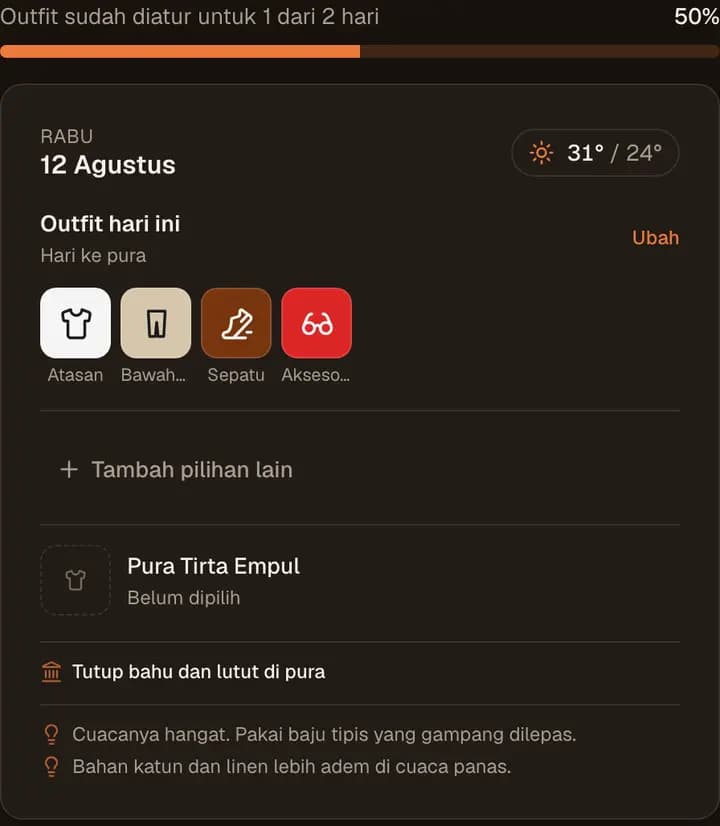 Baju untuk tiap hari trip, diatur sesuai cuaca