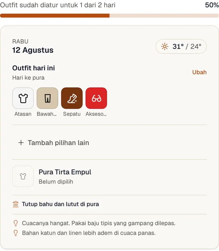 Baju untuk tiap hari trip, diatur sesuai cuaca